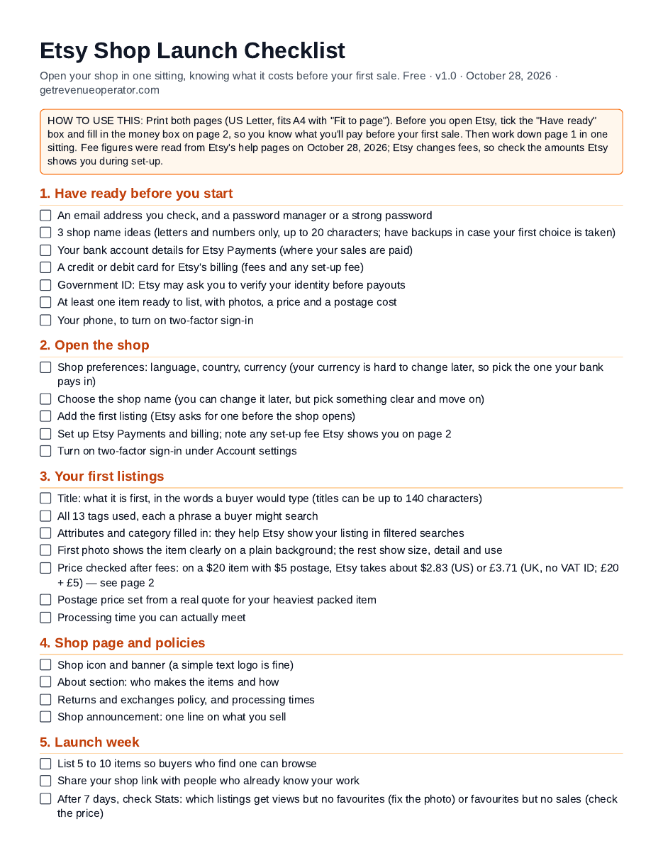 Preview of the Etsy Shop Launch Checklist with example numbers