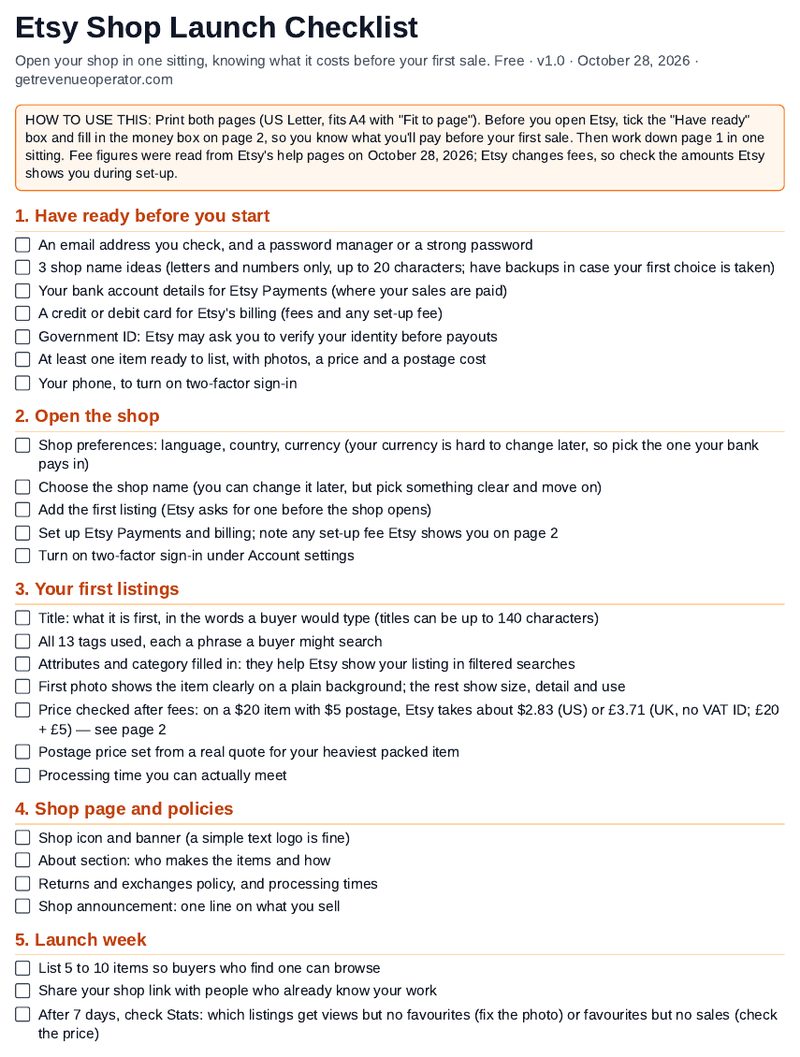 Etsy Shop Launch Checklist, 2-page PDF