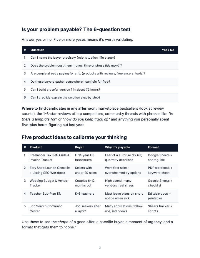 Page 3 of the free guide: the 6-question payable-problem test and five example products