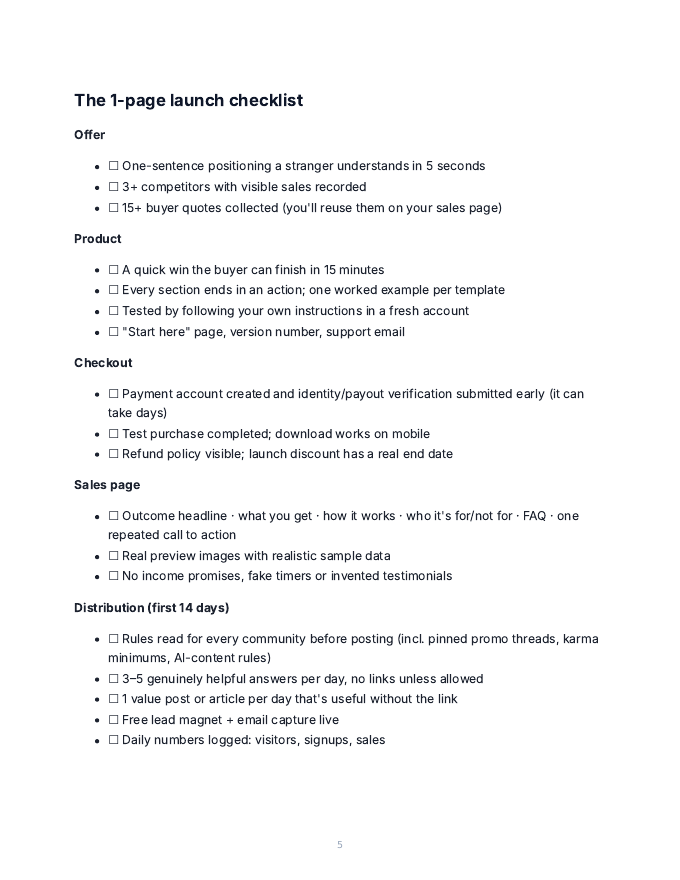 Page 5 of the free guide: the one-page launch checklist